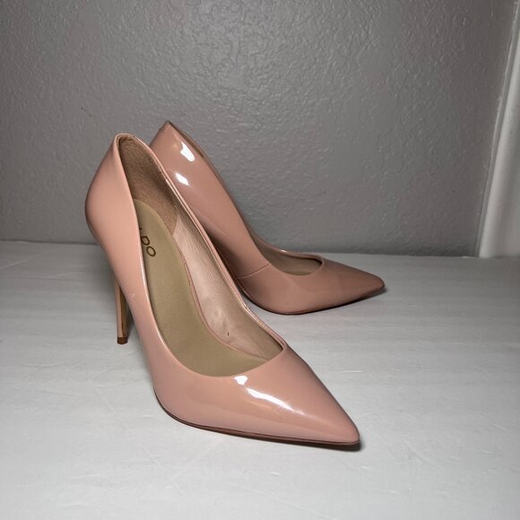 Aldo Stessy Point Toe Pump Heel Nude Pink Patent Leather - Picture 1 of 15